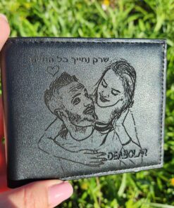 ארנק עור שחור / חום גודל סטנדרט לגבר עם צריבת תמונה